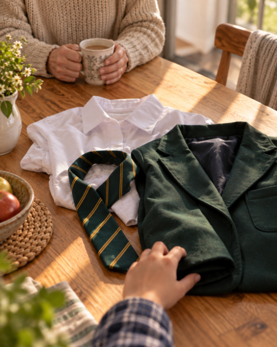 School uniform laid out on a kitchen table at home, two family members sharing a quiet morning before school