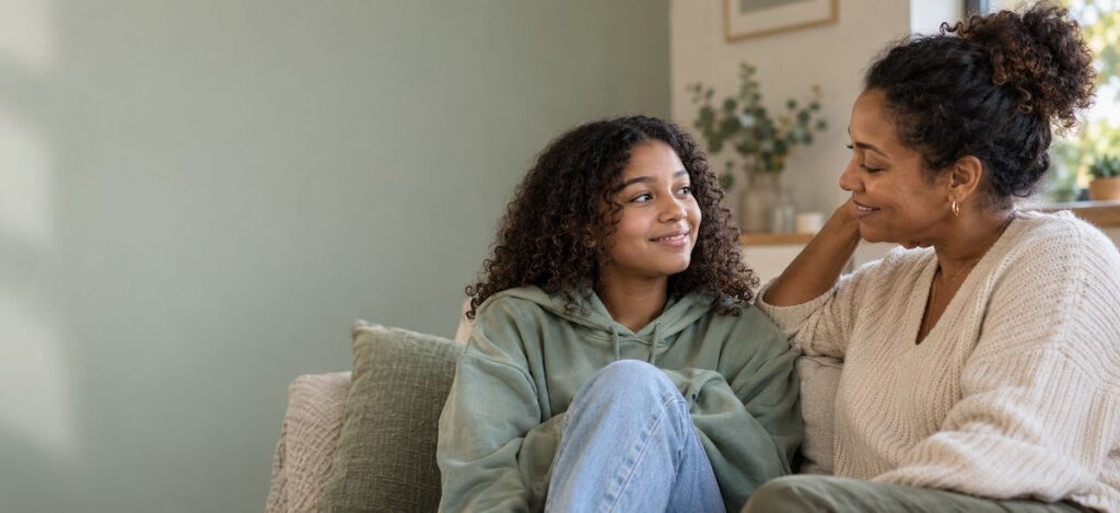 Mother and teenage daughter discussing a female autism test and ADHD assessment at home