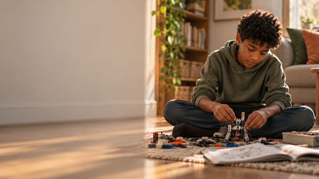 Pathological Demand Avoidance (PDA) Boy building lego in living room